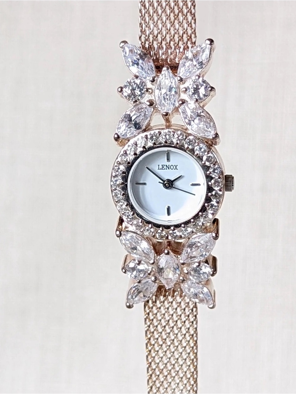 Lenox Crystal Floral Bracelet Watch Silver Tone Mesh Band Elegant Dress Watch
